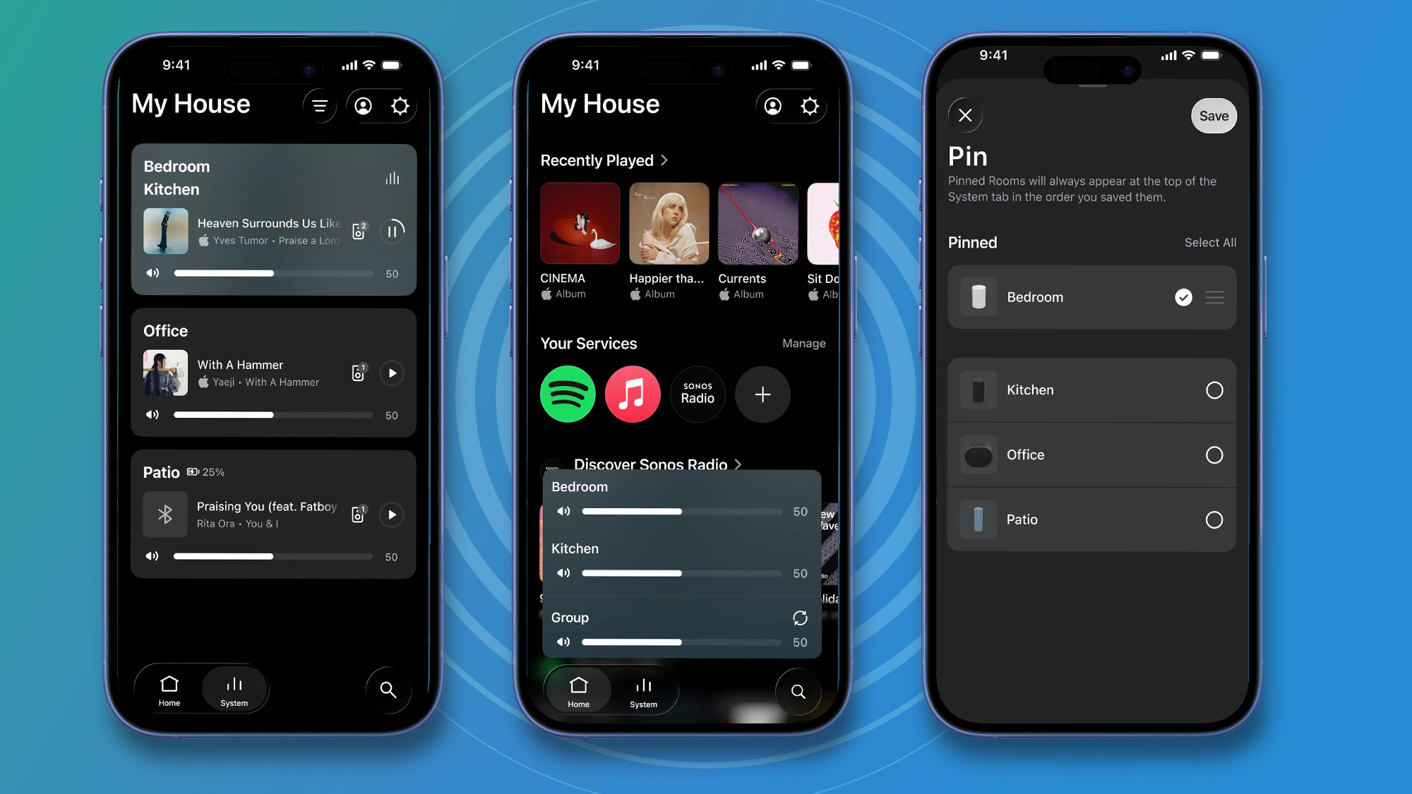 The UI of the new Sonos app navigation