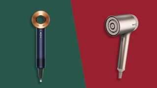 The Dyson Supersonic on a green background and the Shark Style iQ on a red background