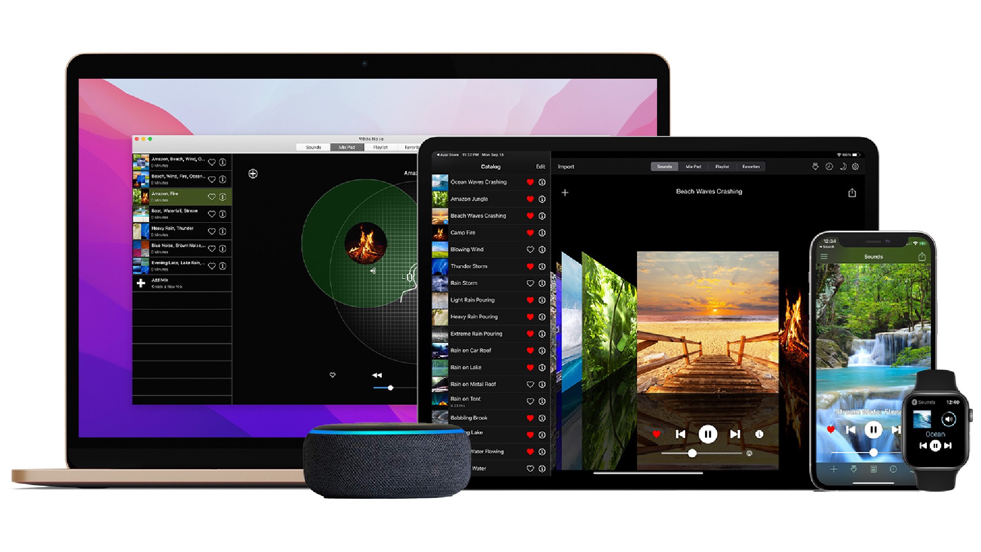 White Noise Lite on desktop, laptop, phone and smartwatch screens