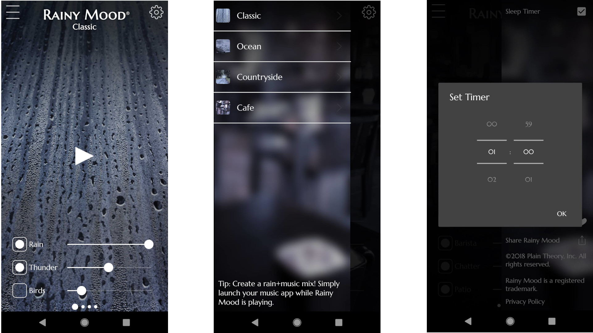 Screengrabs from Rainy Mood app