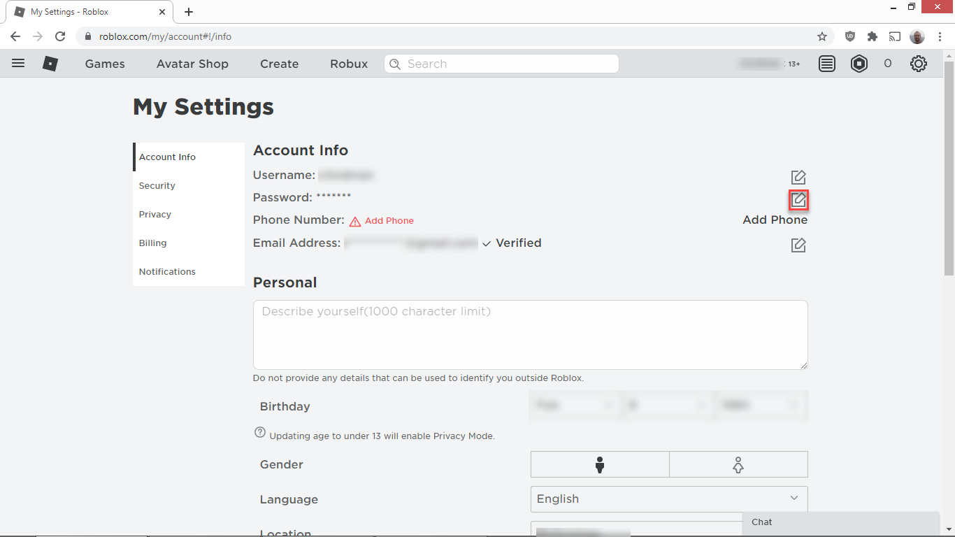 Roblox password