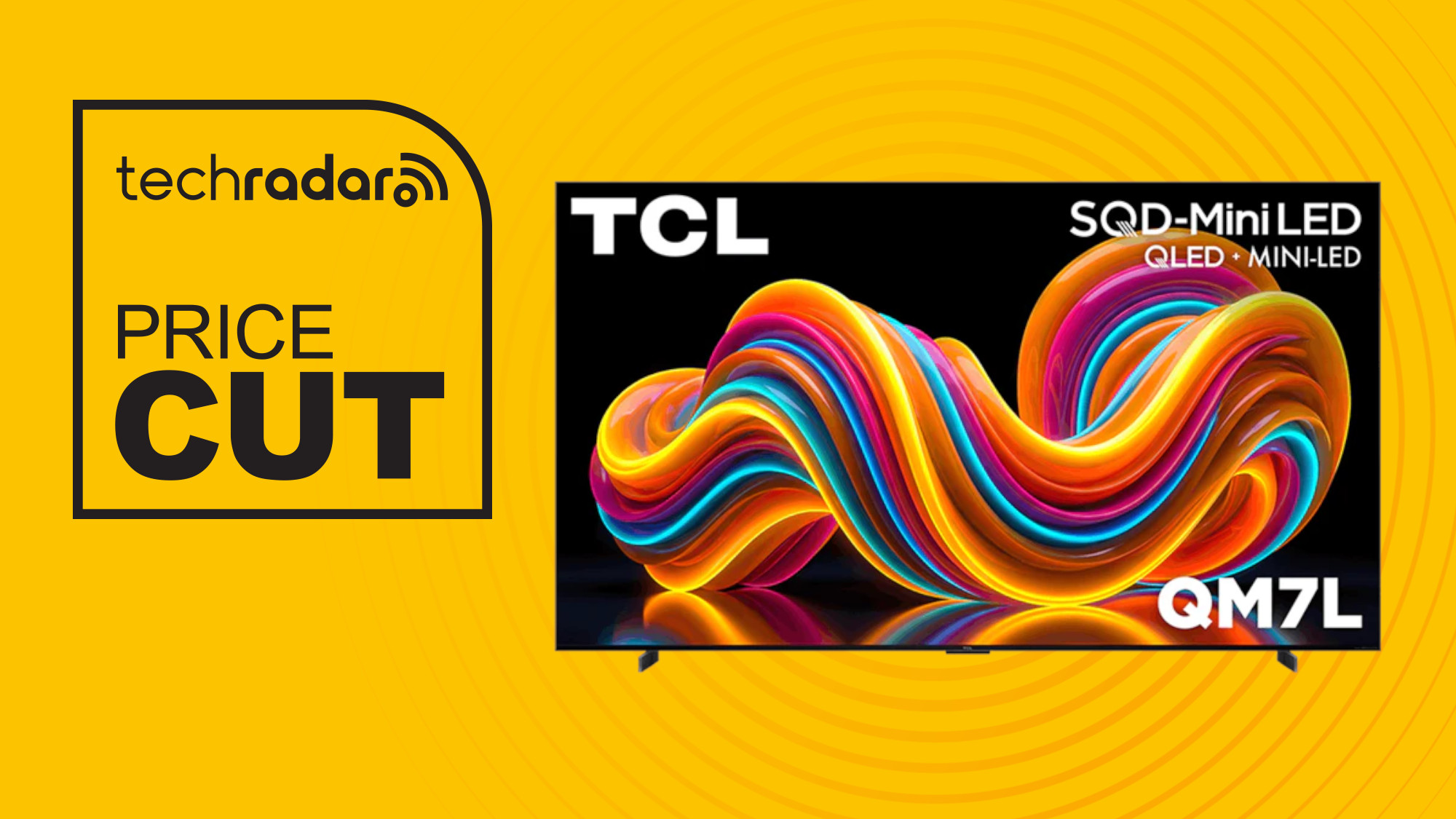 TCL QM7L TV on yellow background with price cut text overlay