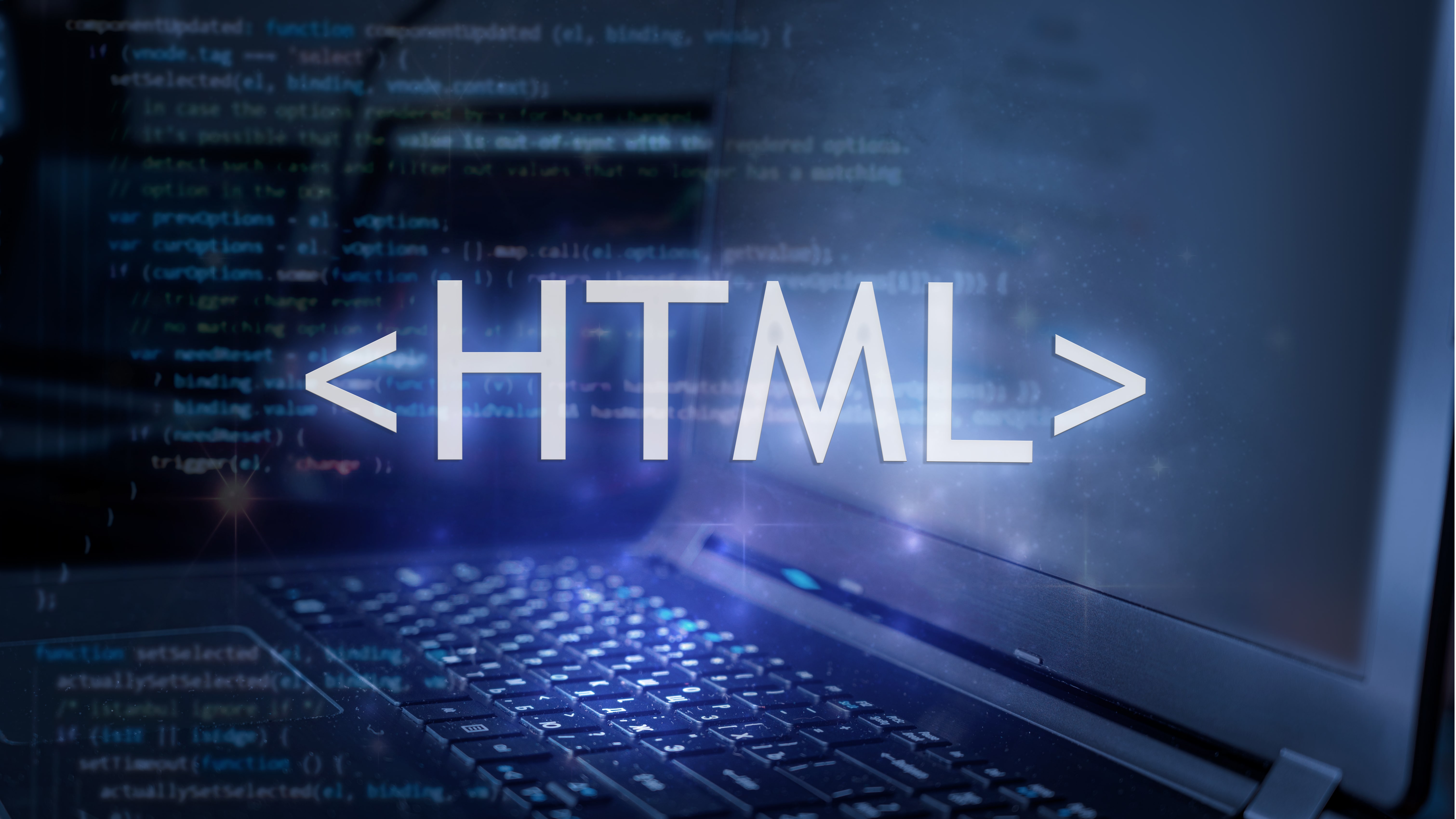 HTML inscription against laptop and code background.