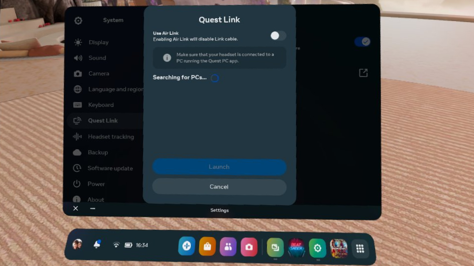 The Quest Link settings menu