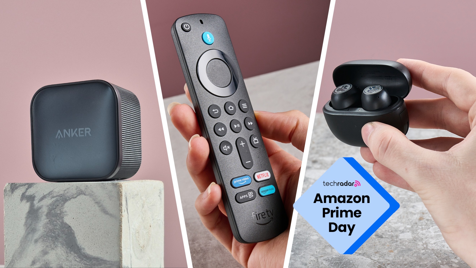 Anker charger, Amazon Fire TV Stick, and JLab earbuds beside one another with words 'TechRadar: Amazon Prime Day'