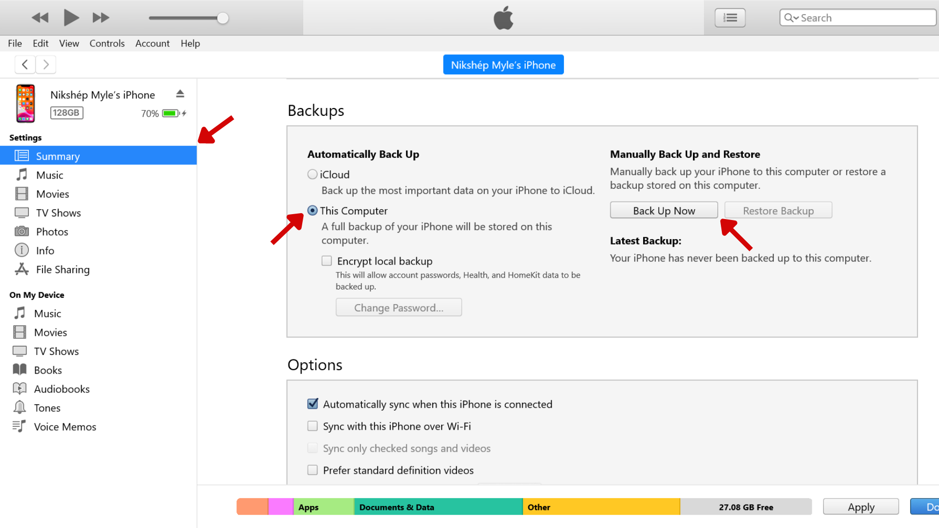 A screenshot of the iTunes app on Windows, with red arrows pointing at Summary, This Computer, and Back Up Now.