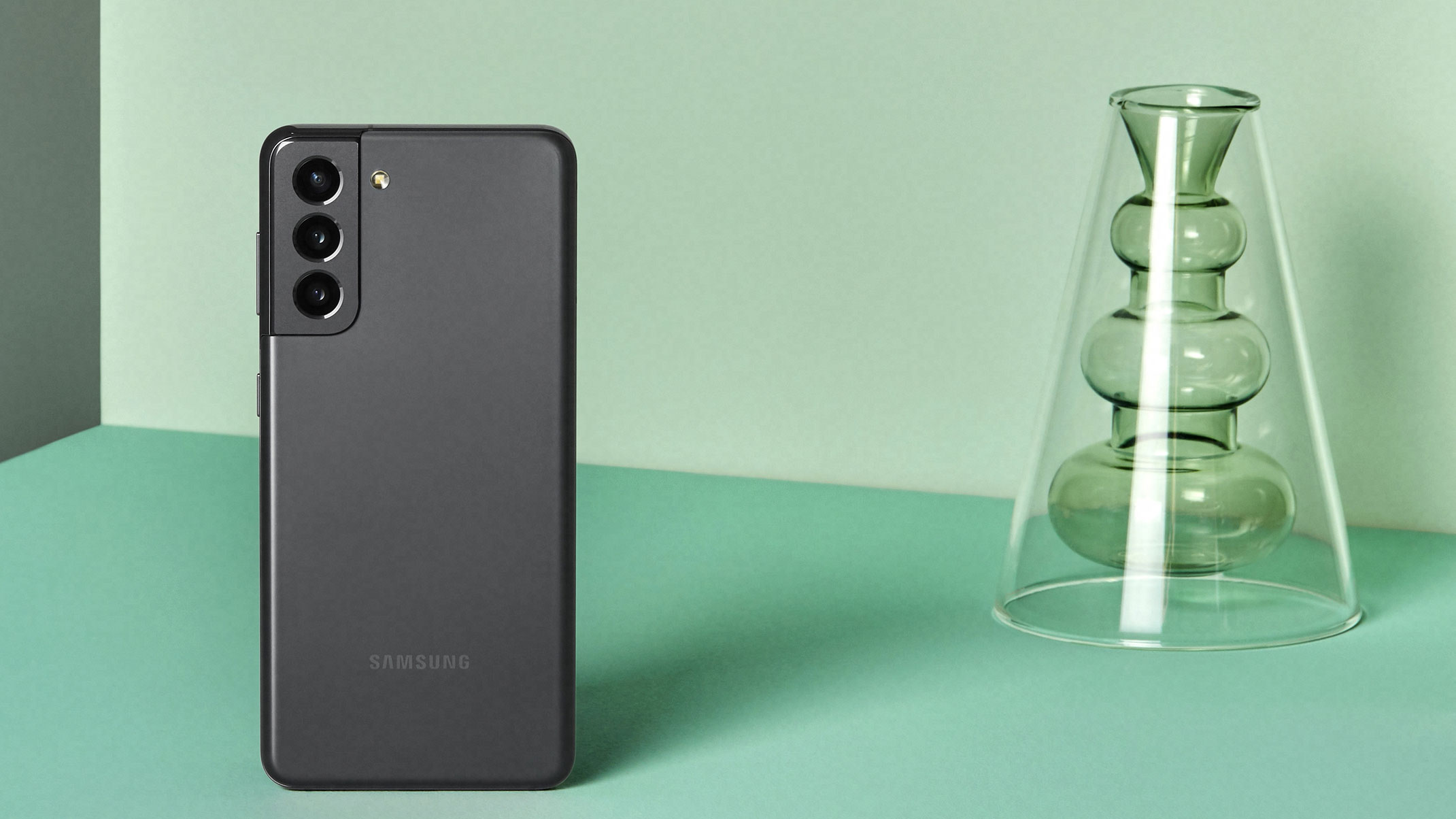 A Samsung Galaxy S21 from the back, in black