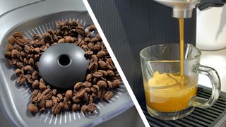 Split image of coffee beans in hopper of Philips Baristina coffee maker, and the coffee maker dispensing a shot of espresso into a glass measuring cup