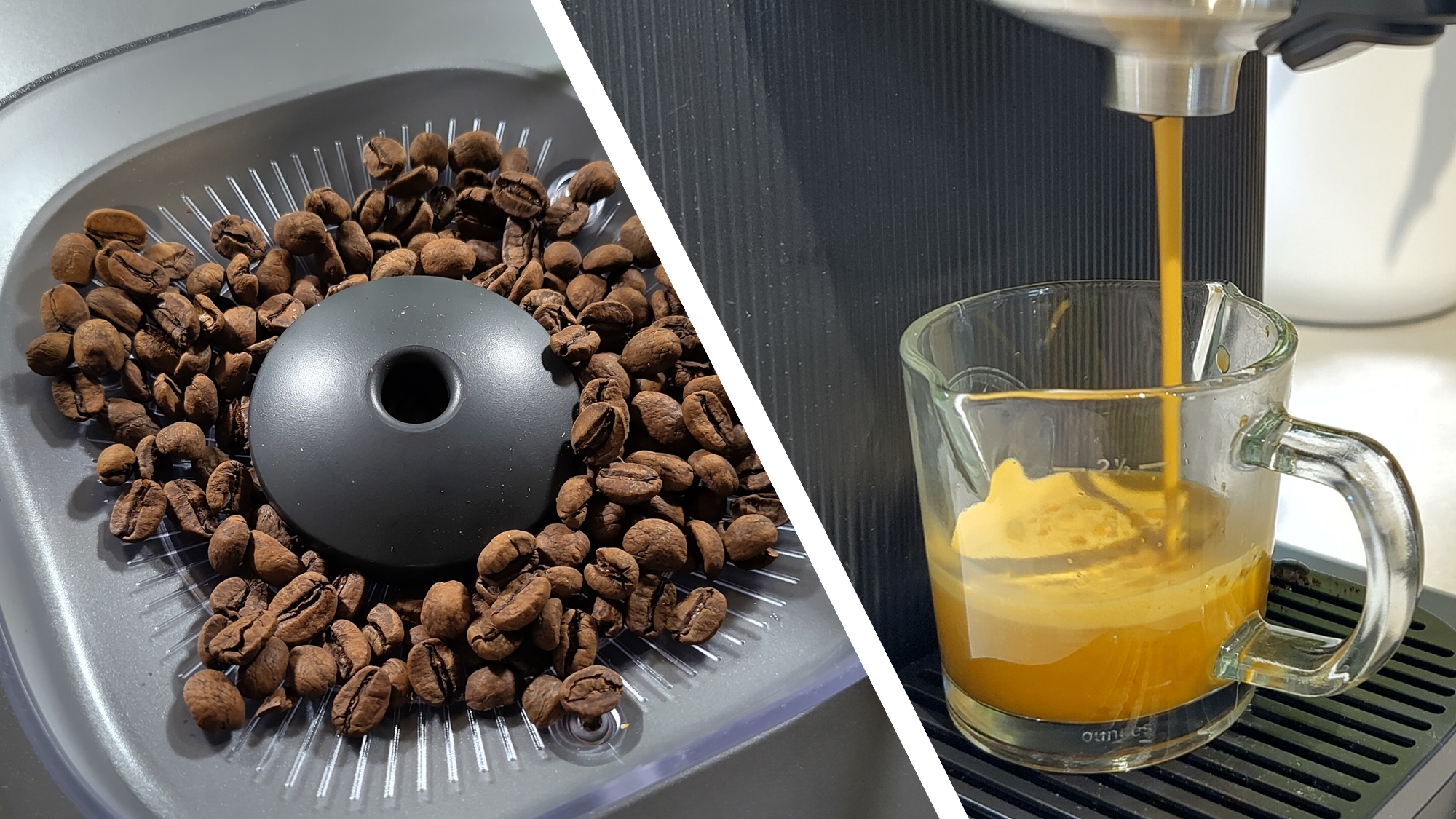 Split image of coffee beans in hopper of Philips Baristina coffee maker, and the coffee maker dispensing a shot of espresso into a glass measuring cup