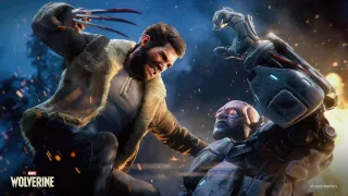 Wolverine fights a cyborg enemy as sparks fly in the background