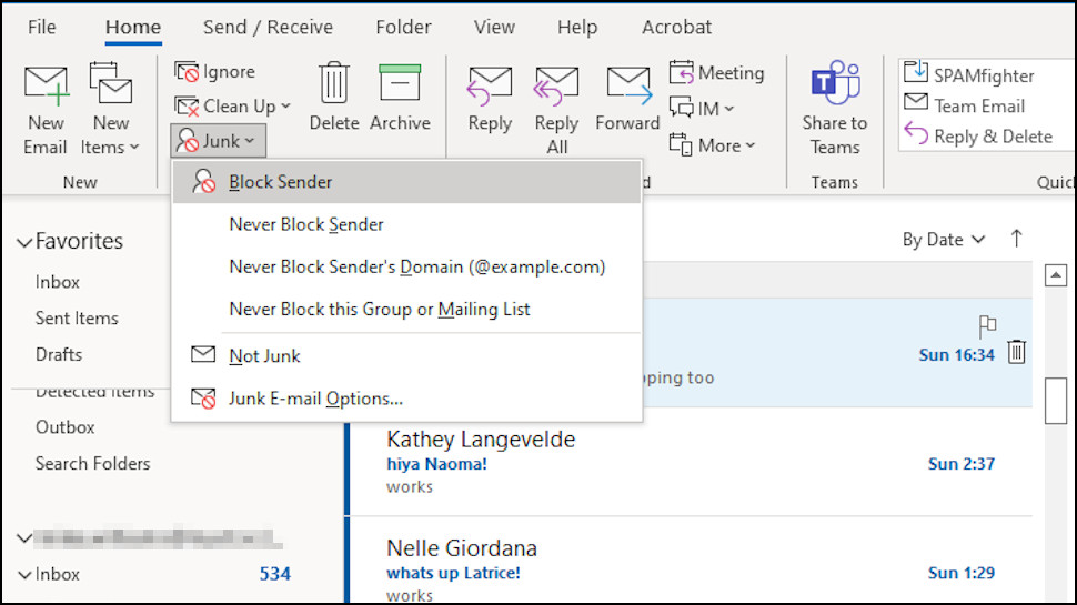 Blocking a junk email in Microsoft Outlook