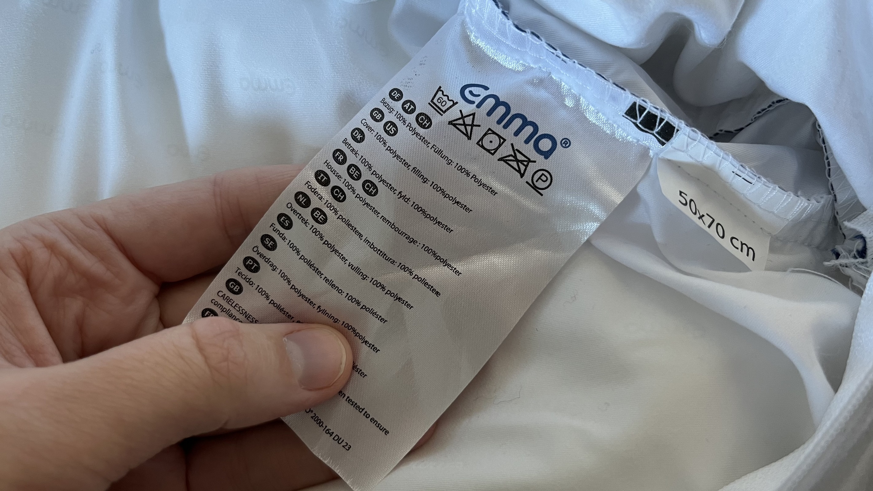 material label inside emma premium microfibre pillow