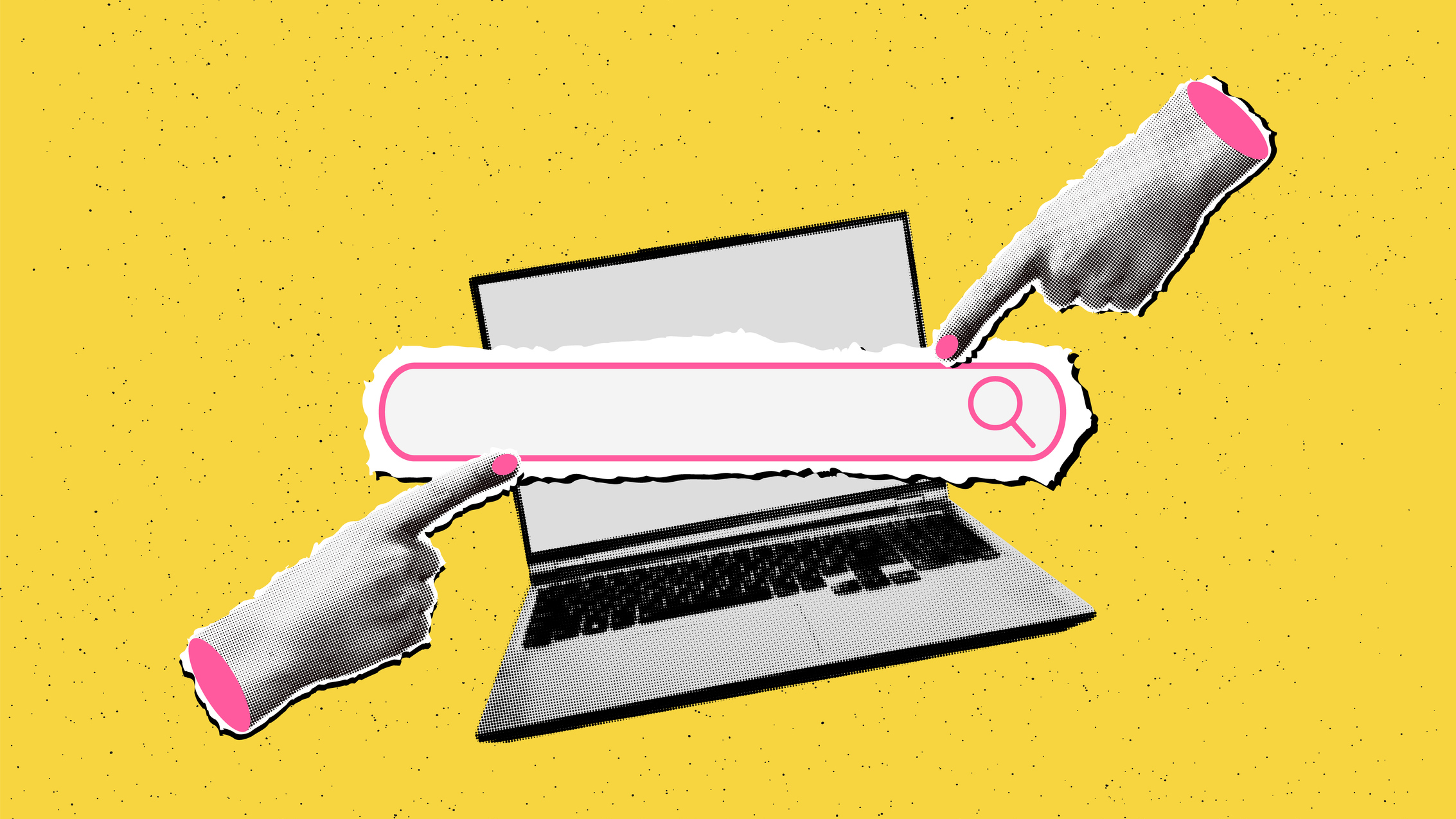 Collage of a web browser, with a laptop computer with a search bar and cut-out hands pointing at it