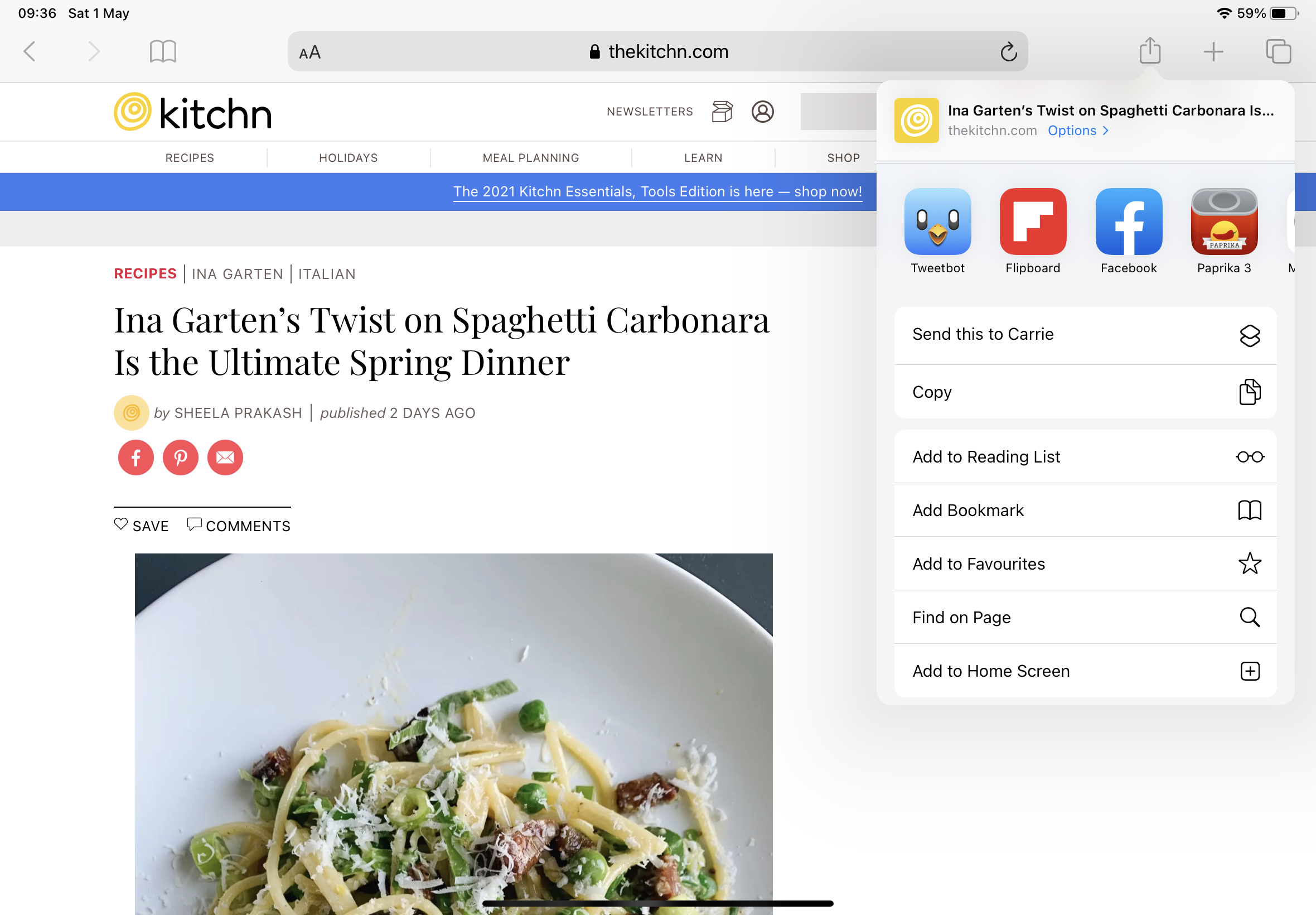 Recipe website being shared
