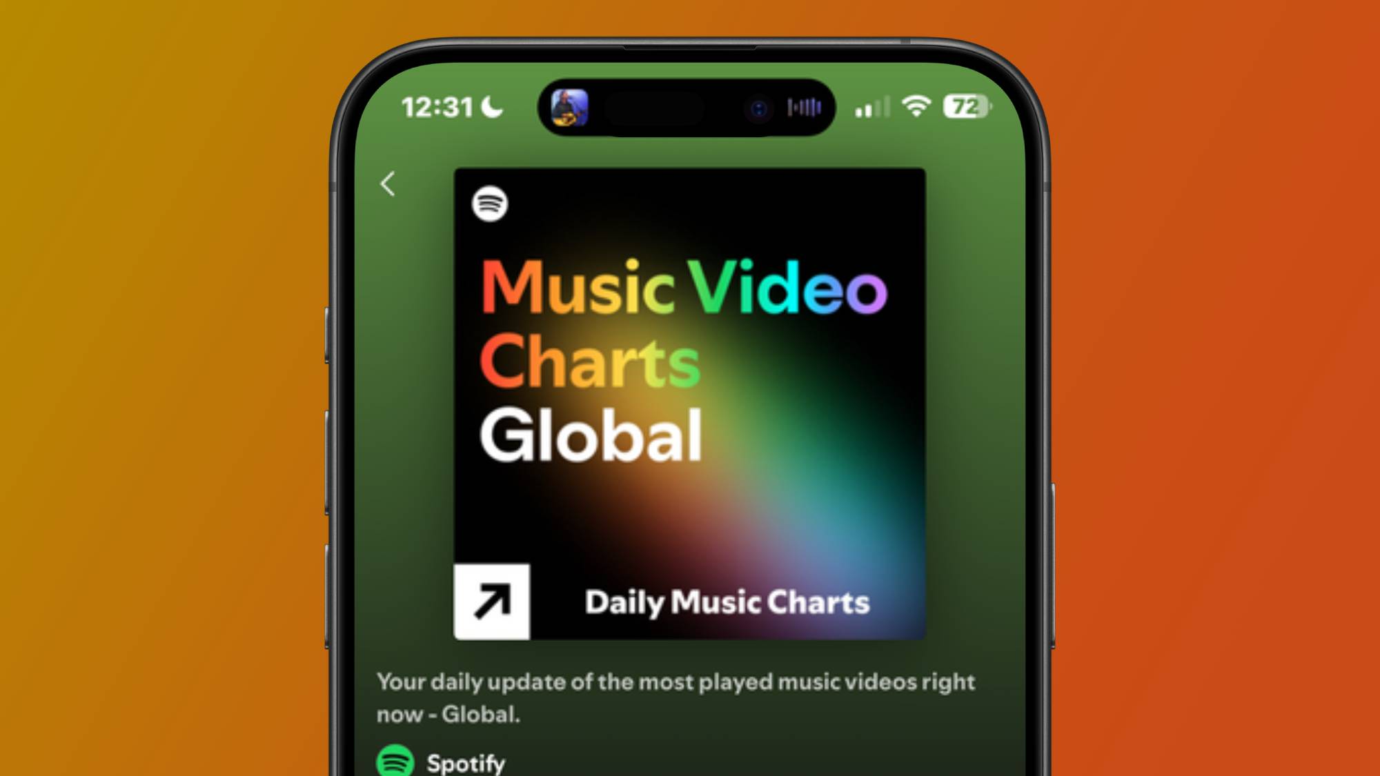 A smartphone showing Spotify's new Music Video Charts Global playlist