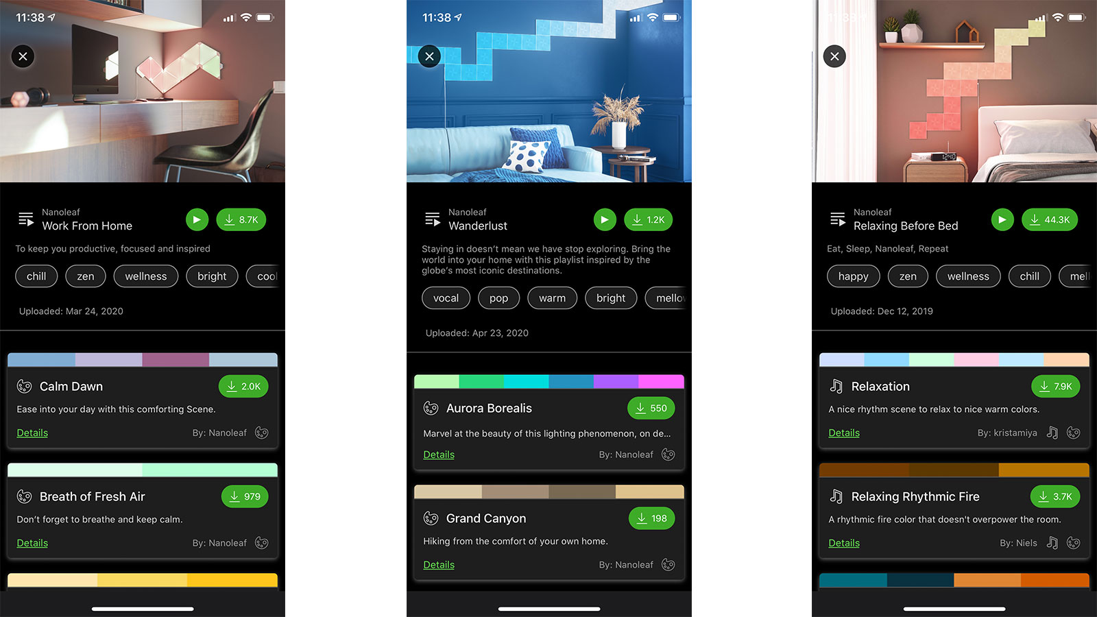 The Nanoleaf app has been redesigned with a default dark mode for iOS, and several Color and Rhythm scenes to choose from under the Discover tab.