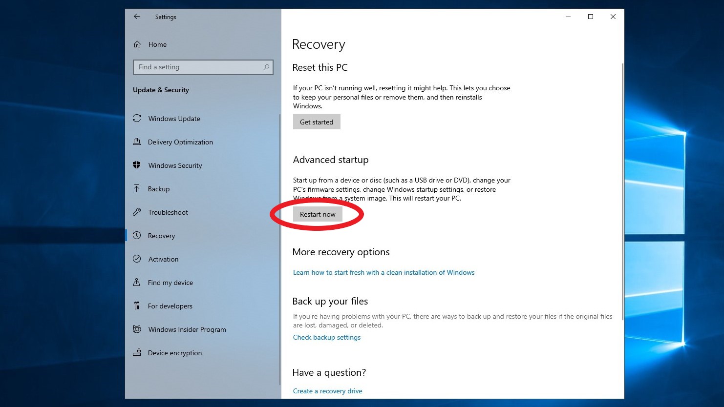 Windows 10 recovery screen