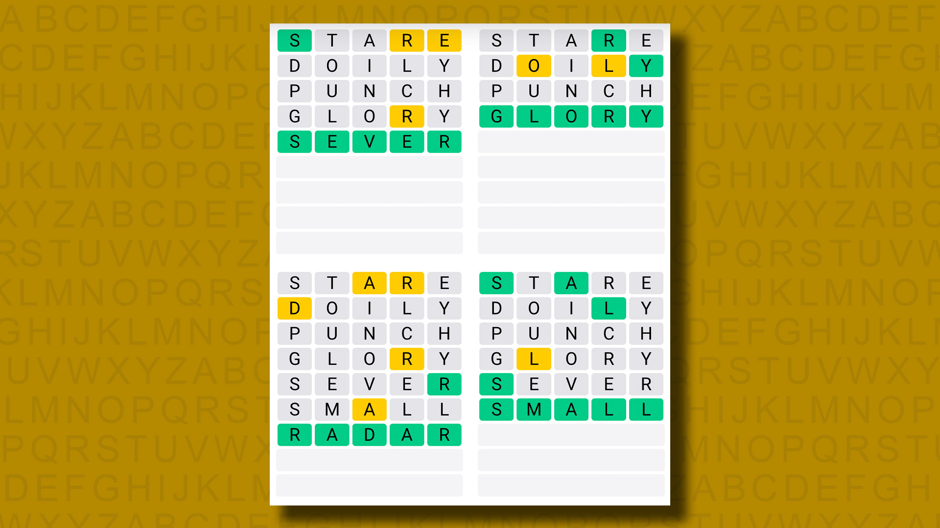 Quordle answers for game 835 on a yellow background