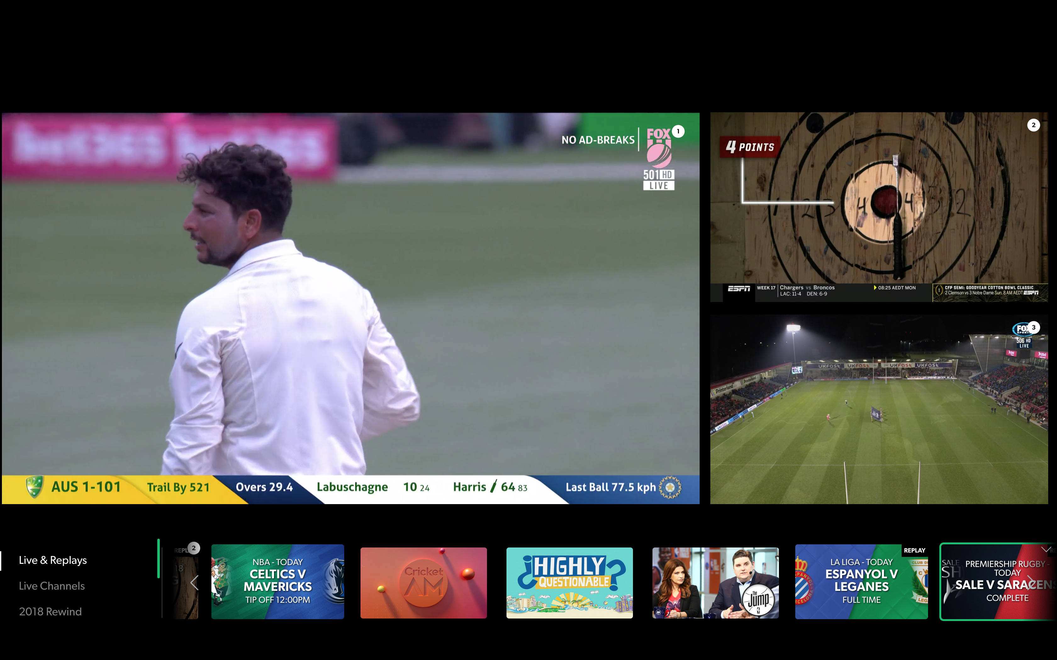 SplitView feature showing cricket, NRL and axe throwing in different windows