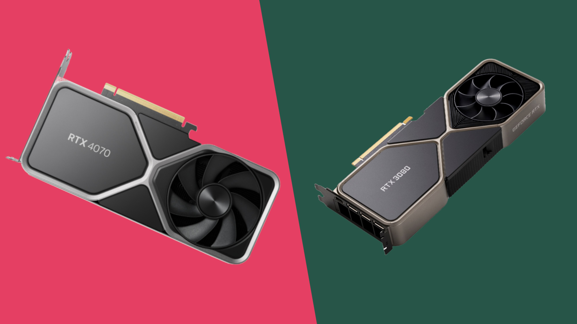 The Nvidia RTX 4070 and 3080 on a split-color background in pink and green.