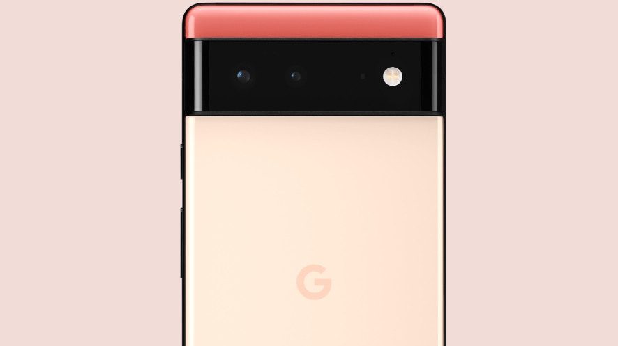 The back of a Google Pixel 6 in Kinda Coral