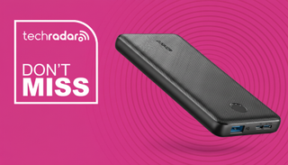 Anker PowerCore 10K portable charger on a pink background with radar motif and next to text reading 'TechRadar Don't Miss'