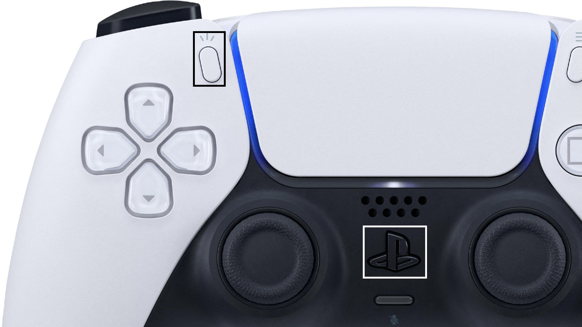 A DualSense controller with boxes highlighting the PS and Share buttons, which you hold down to enter pairing mode.