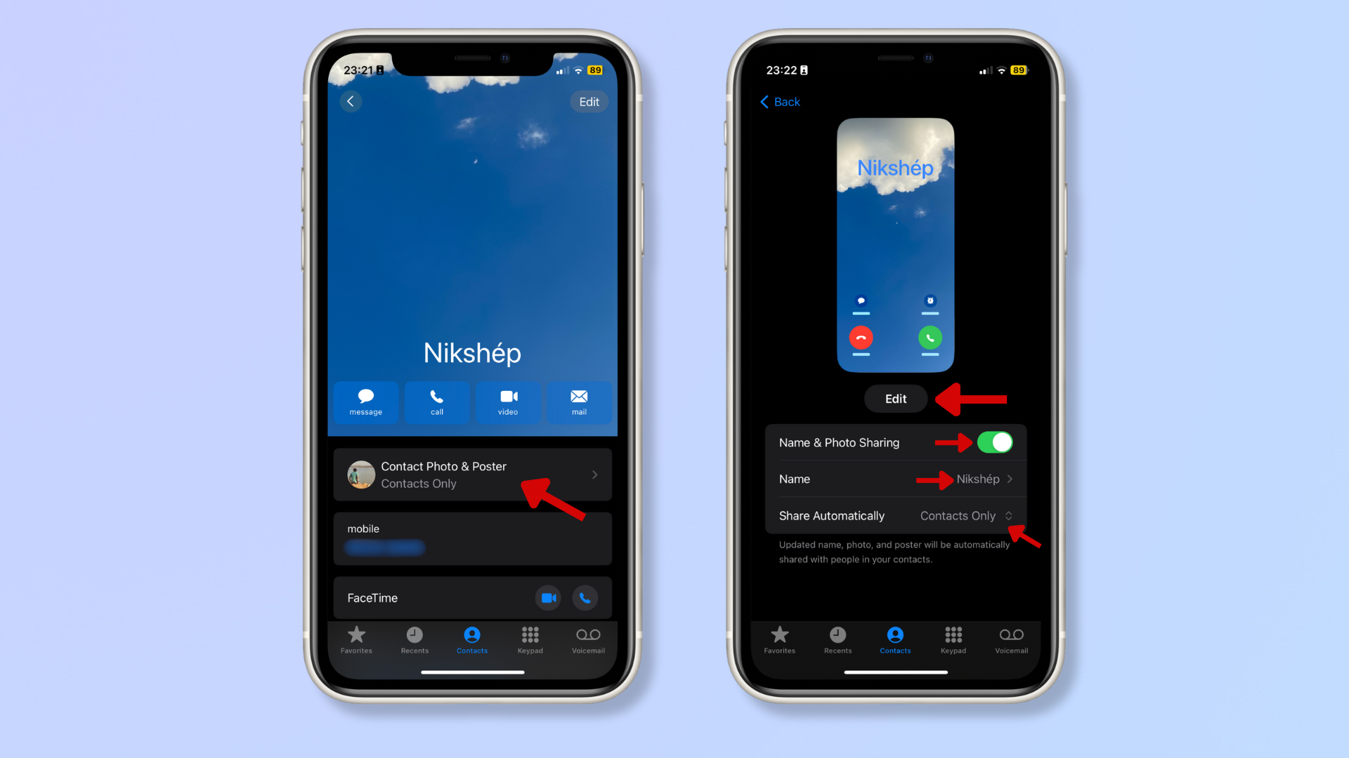 The first screenshot shows the Contact Card on iPhone with a red arrow pointing at Contact Photo &amp;amp; Poster. The second screenshot shows the Contact Card menu with red arrows pointing at Edit, Name &amp;amp; Photo Sharing, Name, and Share Automatically. 