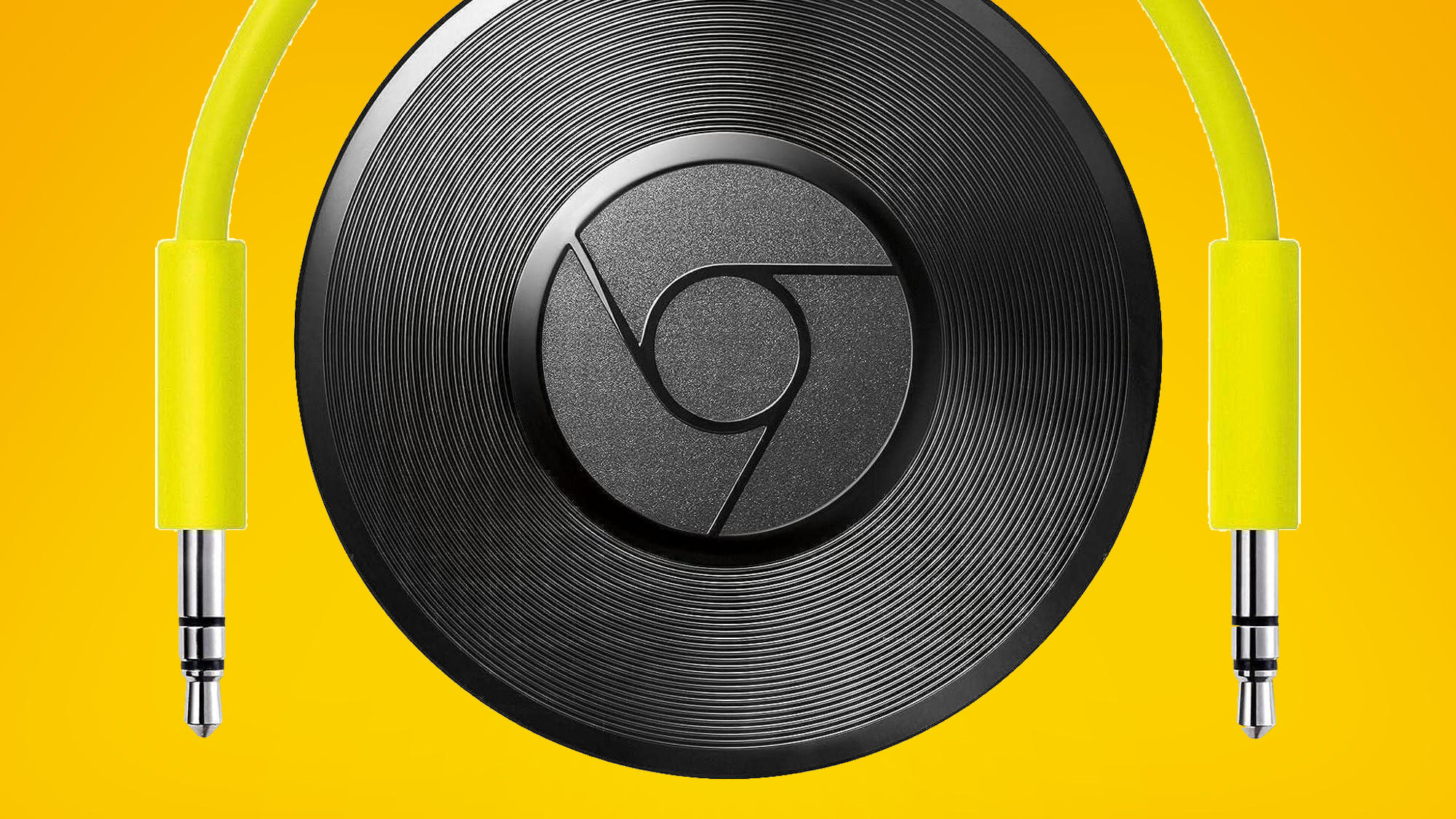 The Google Chromecast Audio on an orange background
