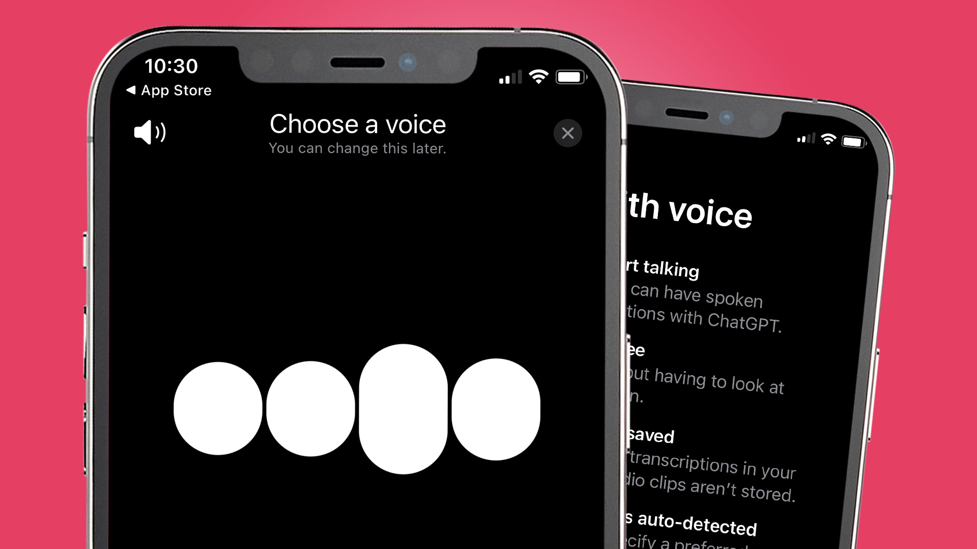 Two iPhones on a pink background showing ChatGPT's voice feature