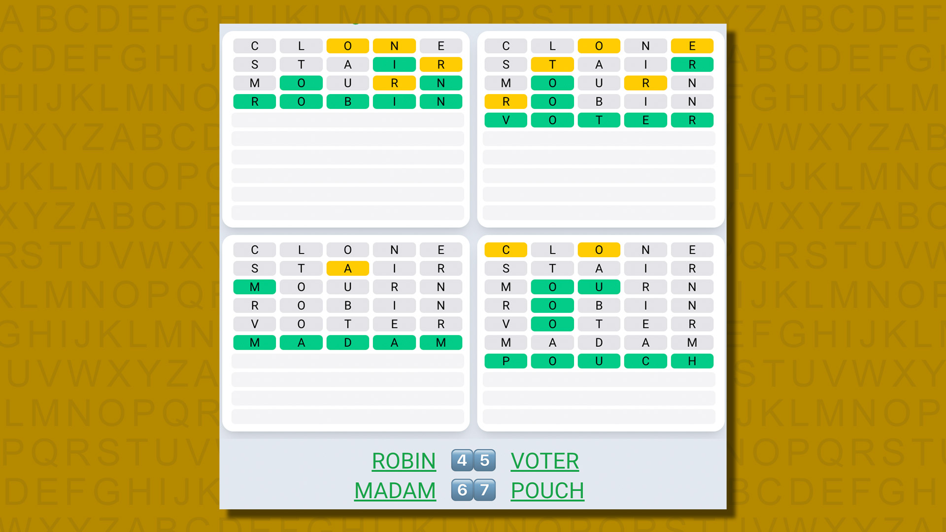Quordle daily sequence answers for game 562 on a yellow background