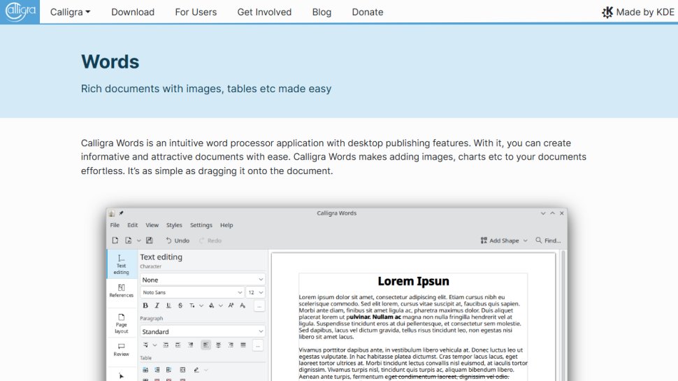 Website screenshot of Calligra (January, 2026)