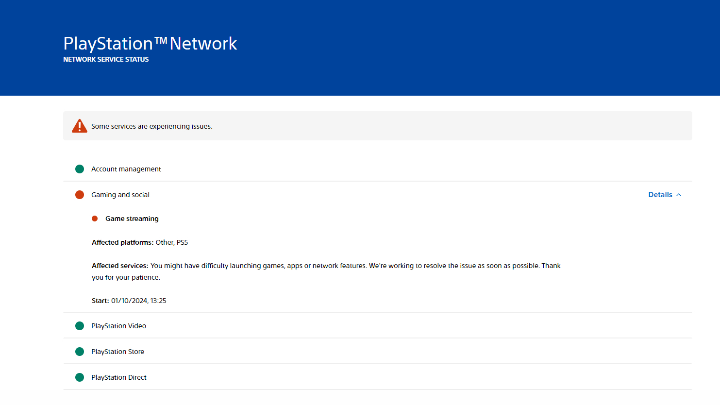 A screenshot of the PS Network page
