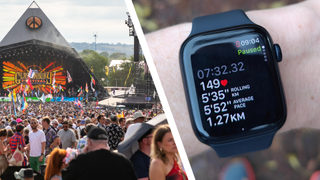 Festival-goers in front of Glastonbury stage, and an Apple Watch