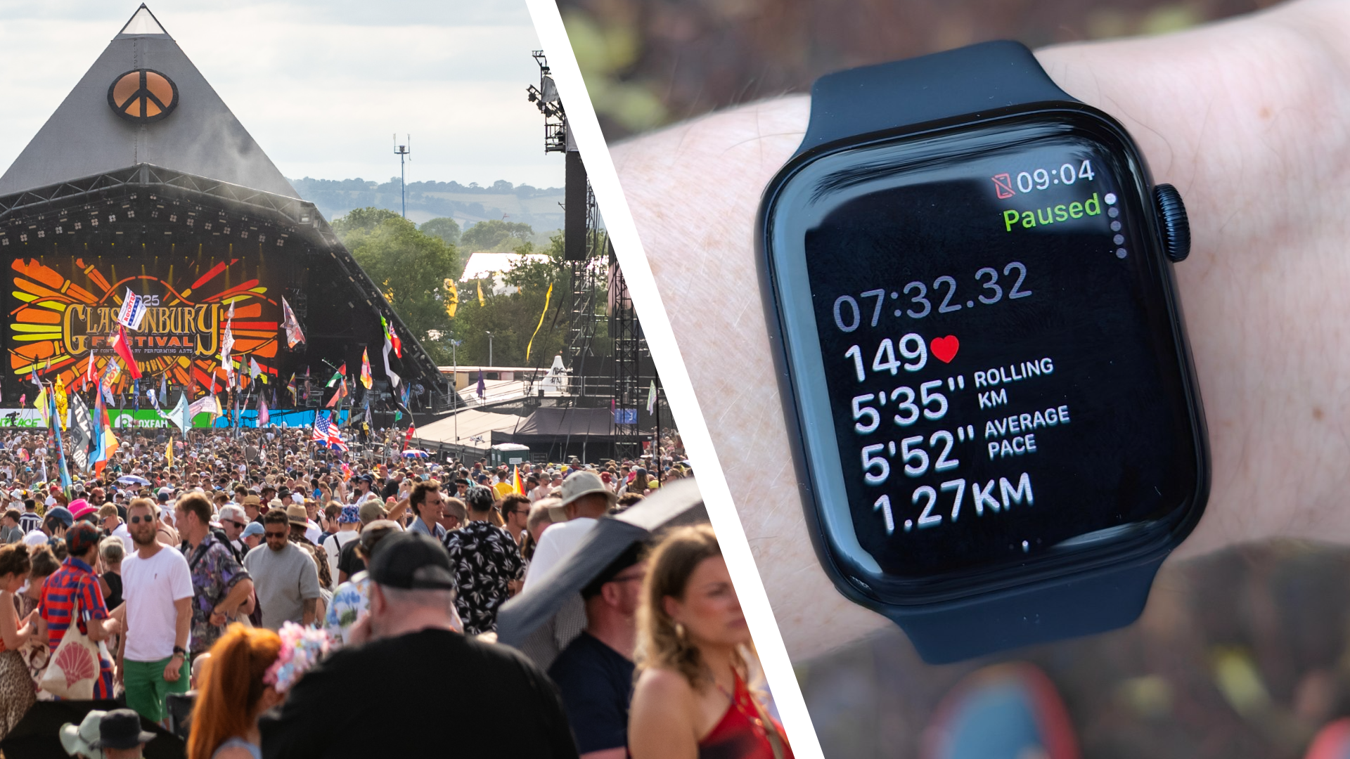 Festival-goers in front of Glastonbury stage, and an Apple Watch