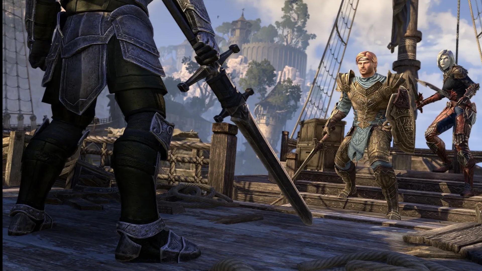 A soldier faces off against two enemies. They all stand on the deck of a ship