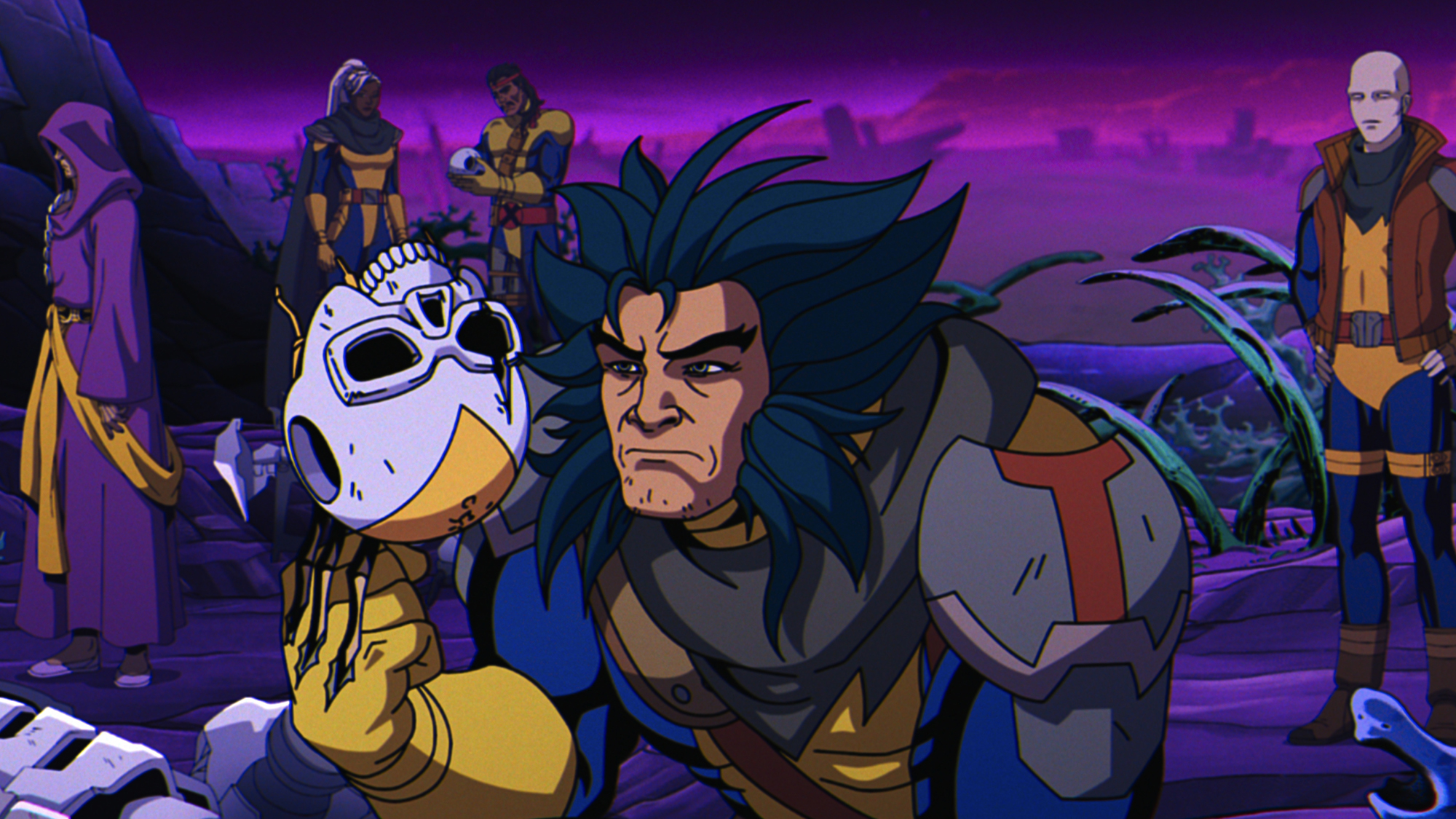 Wolverine holding up a robotic skull using his bone claws in X-Men 97 season 2
