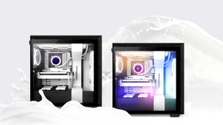 Two gaming PCs feating NZXT components and cases, surrounded by white waves