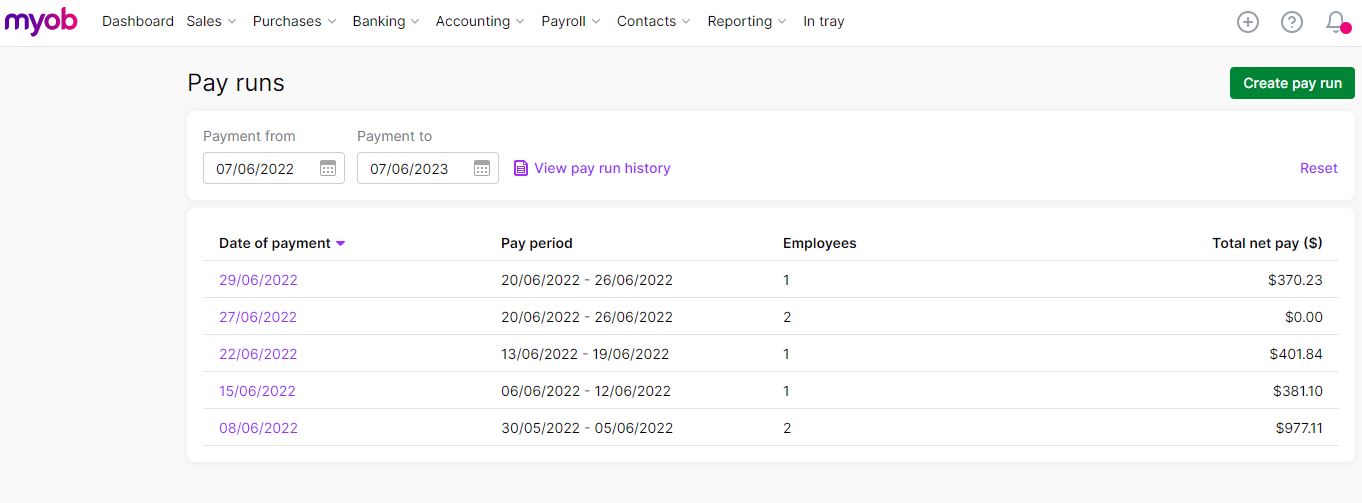 MYOB pay run dashboard