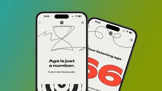 Two iPhones showing the Listening Age slides from Spotify Wrapped 2025