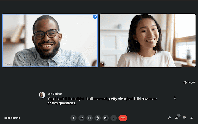 A screenshot of a Google Meet meeting, with a real-time translated caption from a highlighted speaker hanging underneath reading "Yep, I took it last night It all seemed pretty clear, but I did have one or two questions."