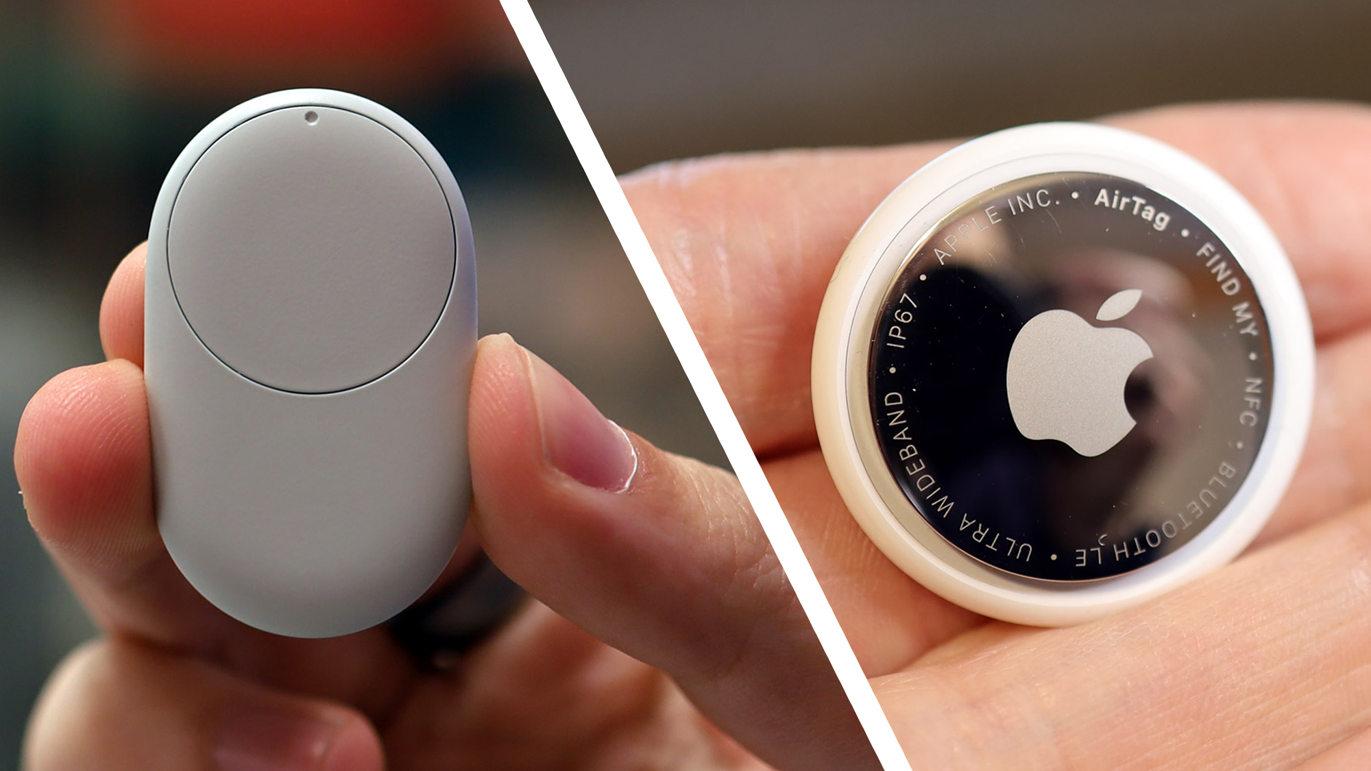 A hand holding the Google Pixel Tag and an Apple AirTag
