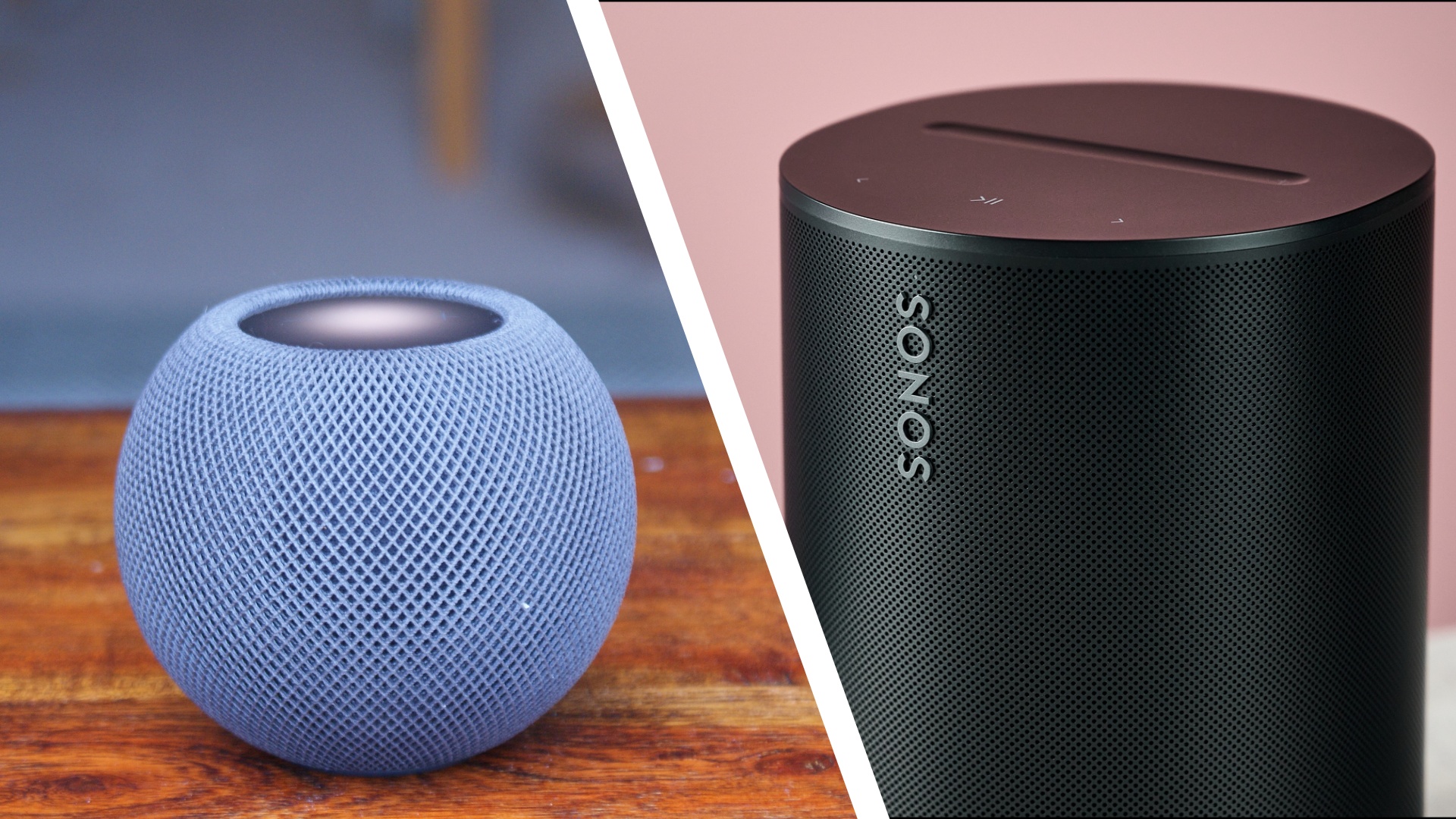 The HomePod Mini on the left, and the Sonos Era 100 SL on the right