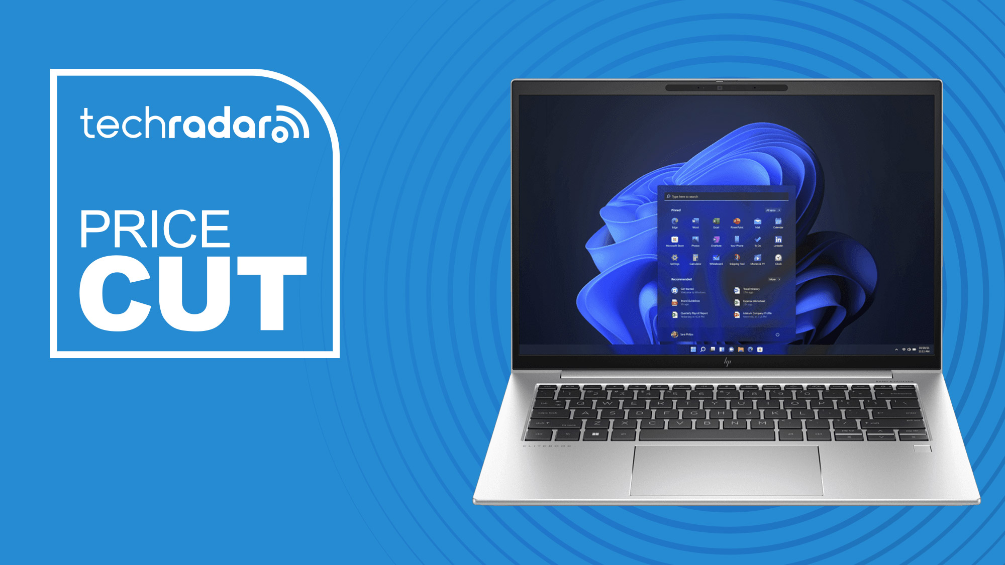 A HP EliteBook 840 G10 laptop on a blue background, text beside it reads 'price cut'.