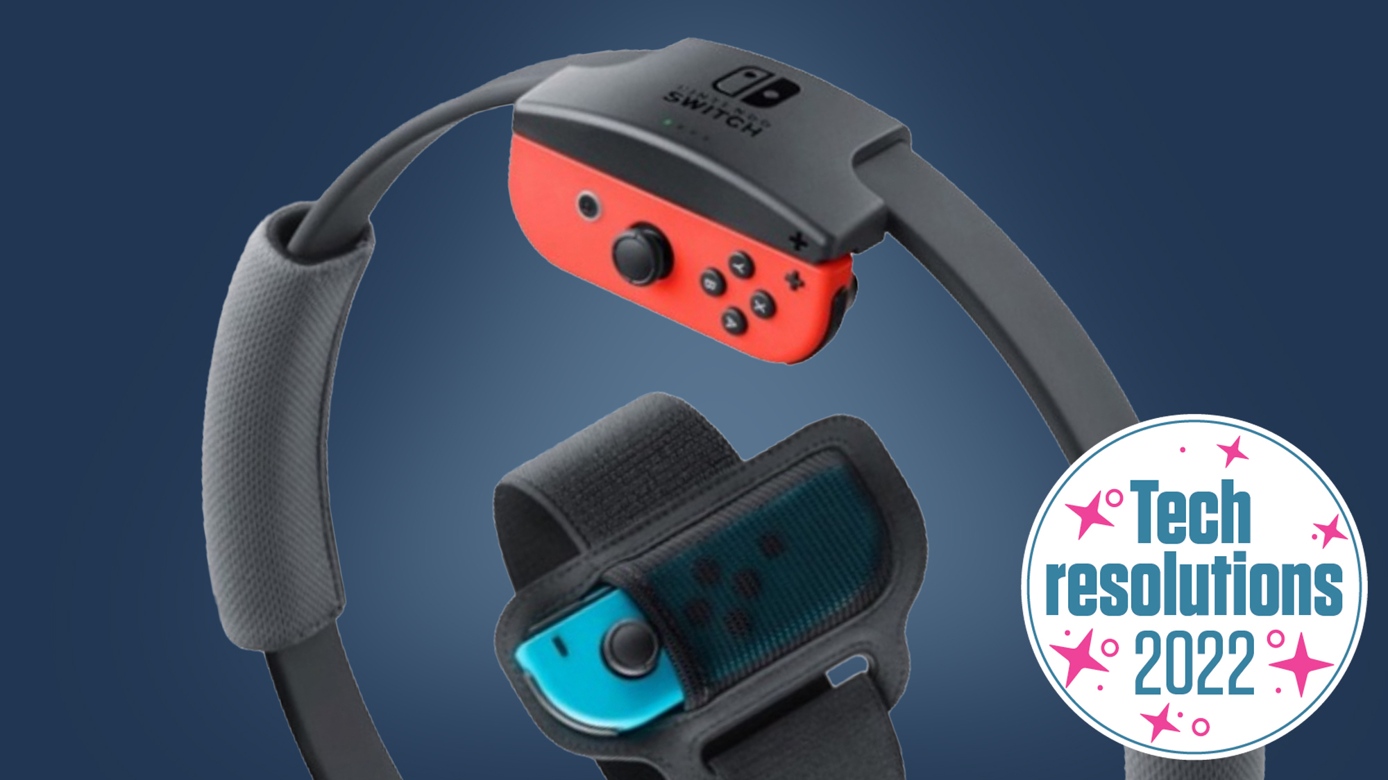 Nintendo Ring Fit Adventure ring and leg strap on a blue background, a logo in the corner says "Tech Resolutions"