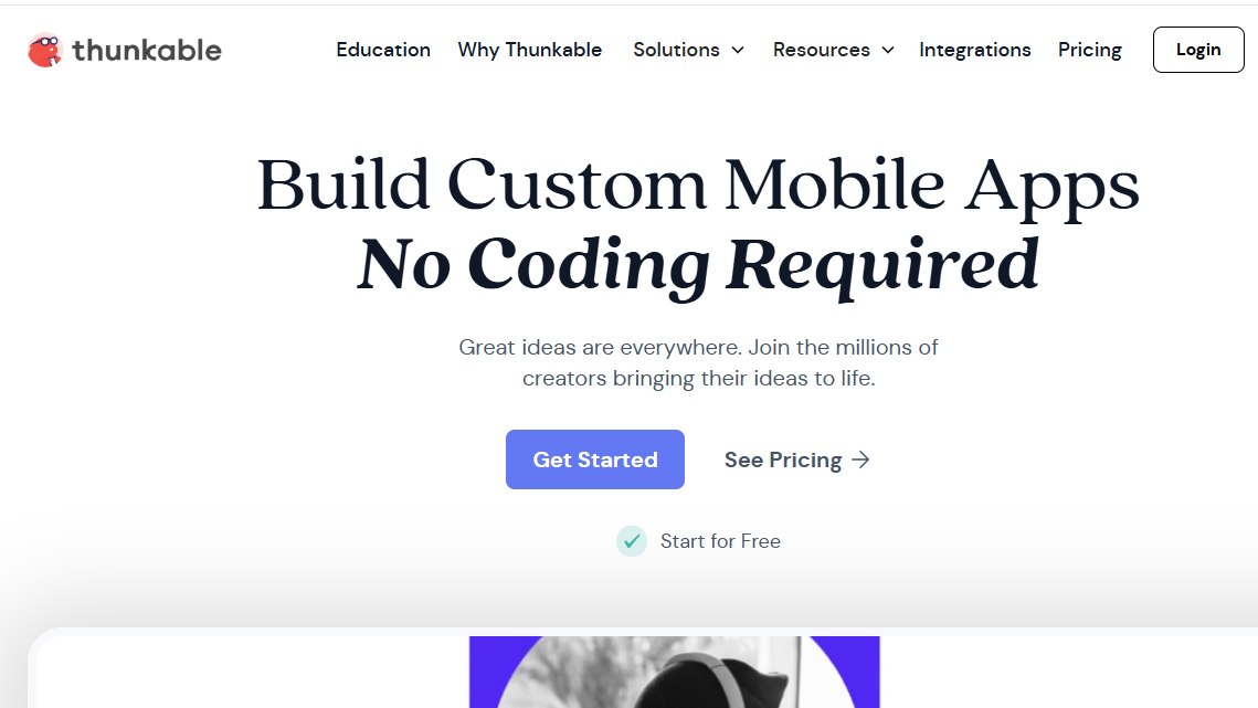 Homepage of the Thunkable no-code platform