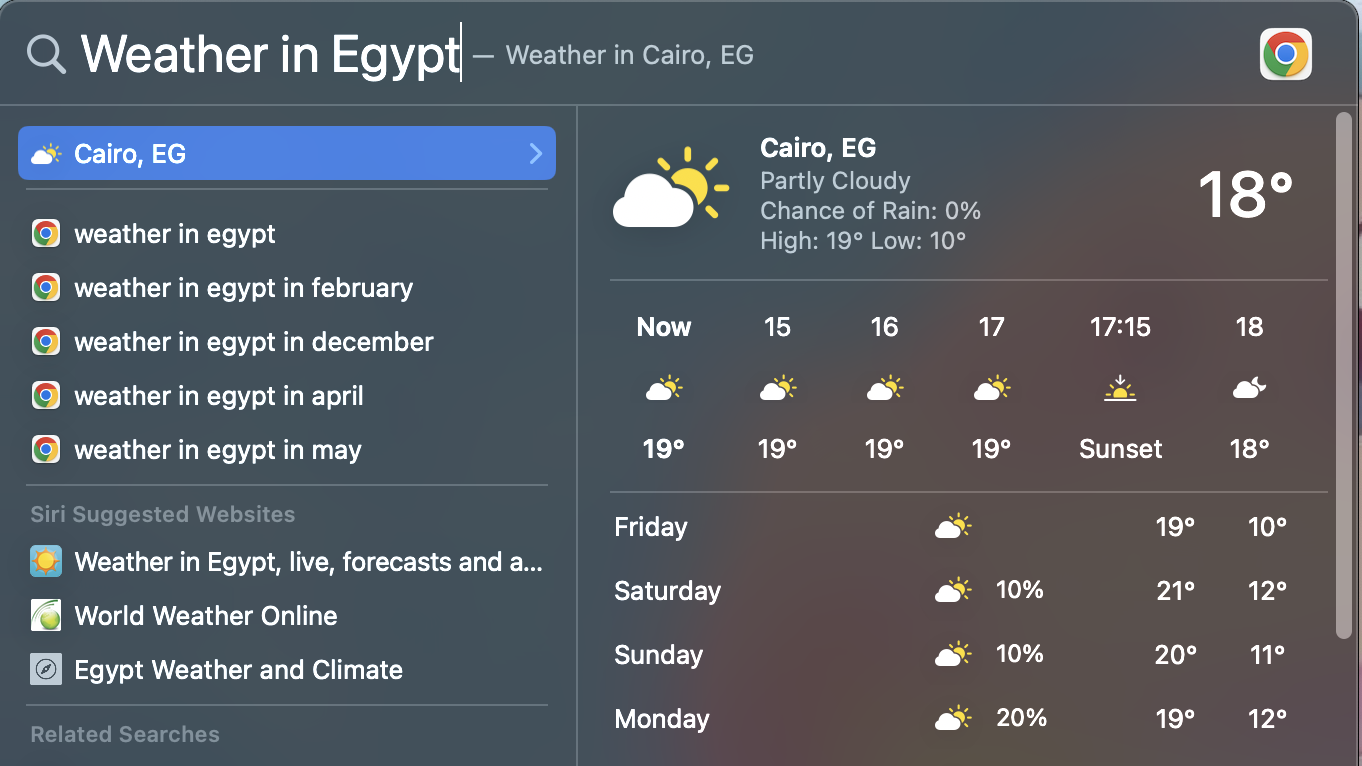 Screenshot of spotlight search