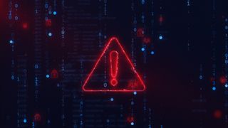 A glowing warning sign displayed on a background of blue binary code