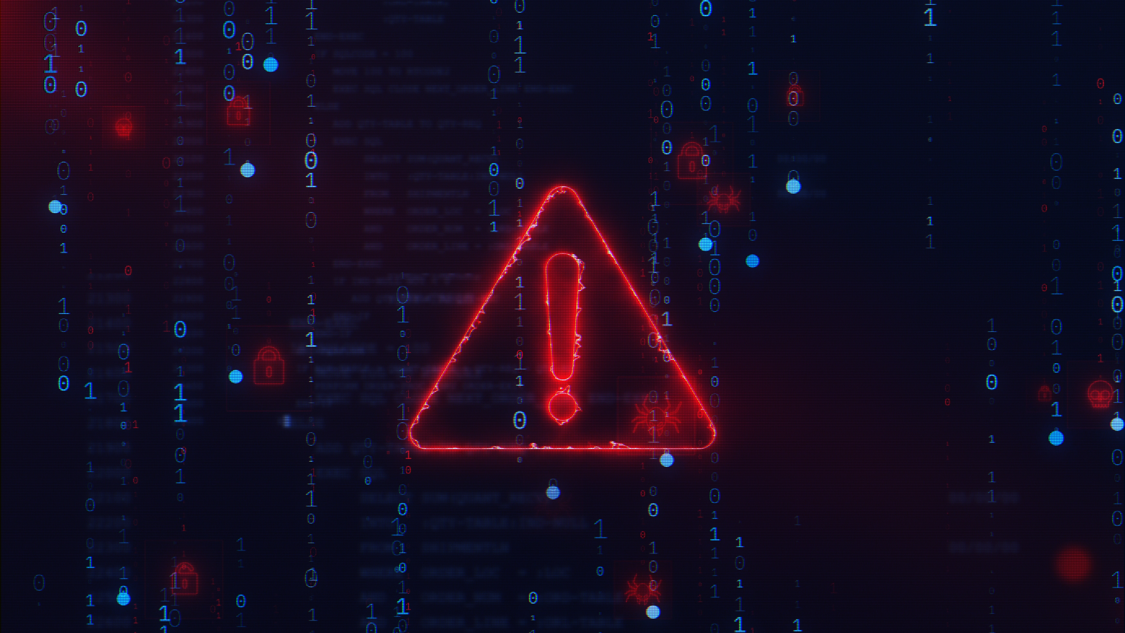 A glowing warning sign displayed on a background of blue binary code
