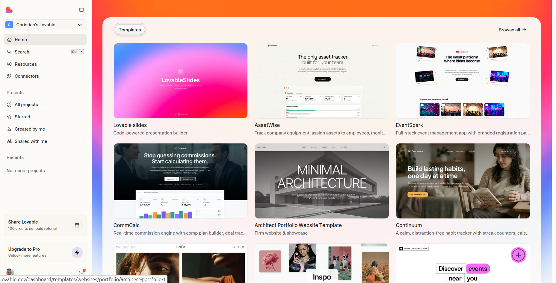 Selection of templates available for no-code projects in Lovable
